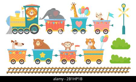 Cute animals on train. Happy animal in railroad car, little pets ride on toy locomotive cartoon vector illustration set Stock Vector