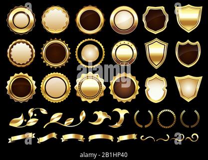 Elegant golden labels. Shields badges, gold ornamental scrolls amd retro label vector illustration set Stock Vector