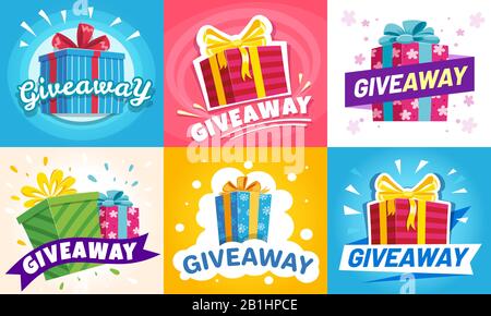 Giveaway winner poster. Gift offer banner, giveaways post and gifts prize flyer vector illustration set Stock Vector