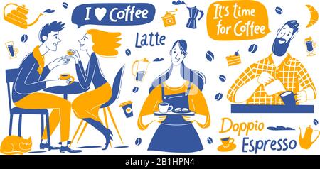 Coffee motivational vector design with barista and coffee elements and lettering Stock Vector