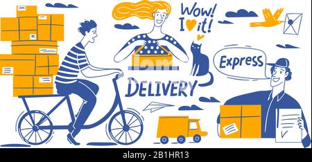 Delivery business doodle style infographic design vector set wide size Stock Vector