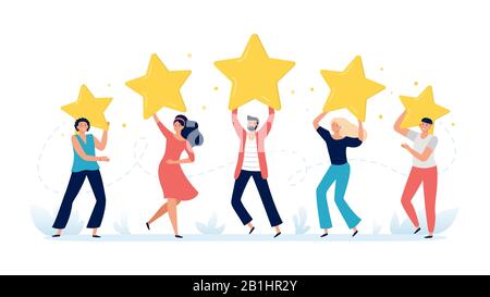 People hold rating stars. Customer feedback, clients choices ratings and customers satisfaction review vector illustration Stock Vector