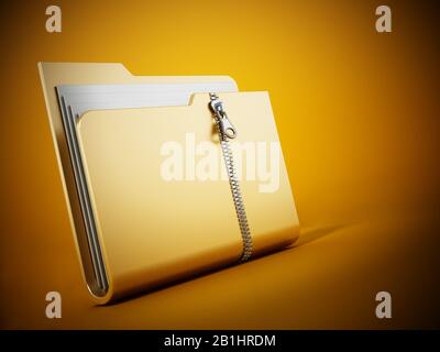 Zipped folder standing on yellow background. 3D illustration. Stock Photo