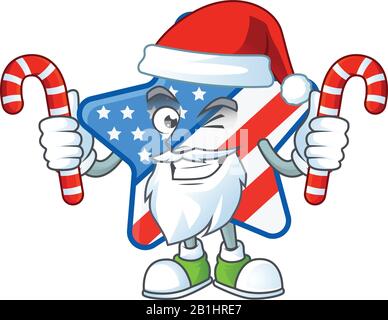 cartoon mascot style of USA star in Santa costume with candy Stock Vector