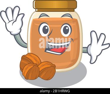 Waving friendly walnut butter mascot design style Stock Vector