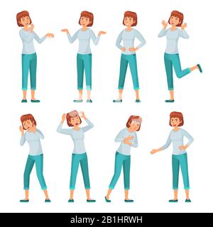 Cartoon woman character emotions. Women facial emotion, young female in casual clothing and smiling happy woman vector set Stock Vector