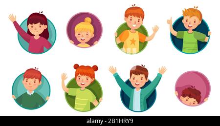 Kid in round frame. Children look out of circle hole, kids in window holes and child peeking out of windows vector illustration set Stock Vector
