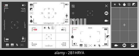 Photo camera viewfinder. Video recording, smartphone photography app ui and adjustment focus frame. Exposure settings vector set Stock Vector