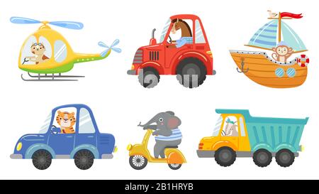 Cute animal drivers. Animal driving car, tractor and truck. Toy helicopter, sailboat and urban scooter cartoon vector illustration set Stock Vector