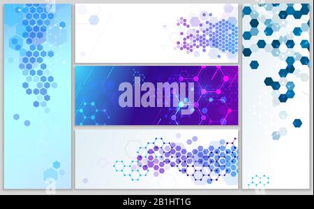 Molecular structure banners. Abstract hexagonal grid, chemistry structures and dna model science vector banner illustration set Stock Vector