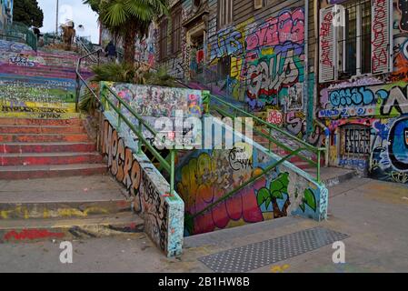 Colourful painted steps, street art and graffiti outside the Notre Dame Du Mont Metro station in the Cours Julien, Quartier des Createurs, Marseille Stock Photo