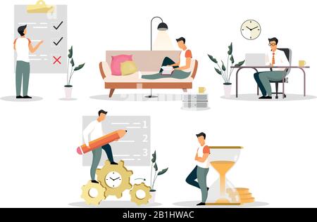 Time management flat vector illustrations set Stock Vector