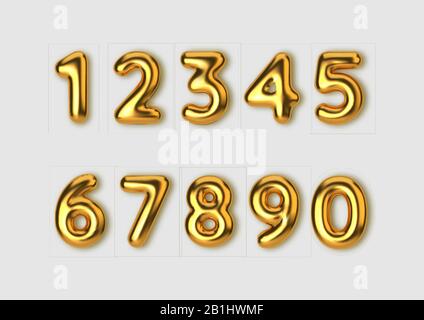 Realistic 3d font gold numbers. Number in the form of golden balloons. Template for products, advertizing, web banners, leaflets, certificates and Stock Vector