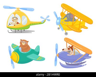 Cute animals on air transport. Animal pilot, pet in helicopter and airplane journey kids cartoon illustration set Stock Vector