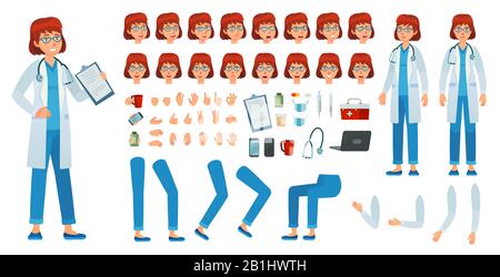 Cartoon female doctor creation kit. Medic woman kit, healthcare doctors profession character and pharmacist woman vector set Stock Vector