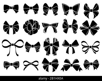 Decorative bow silhouette. Gift wrapping favor ribbon, black jubilee bows stencil vector icons set Stock Vector