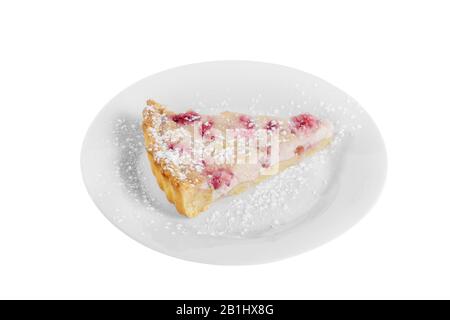 White cheesecake, berry pie on shortcrust pastry, with powdered sugar, on a plate isolated white background. Dessert for a menu in a cafe, restaurant, Stock Photo