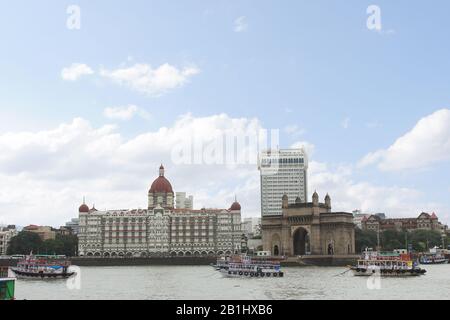 8 Sept 2019, Mumbai, Maharashtra, India. Gateway of India, Old and New Taj Hotel sea side view Stock Photo