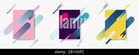 Set of cover poster pattern template with dynamic composition made of various color rounded lines shapes lines in diagonal rhythm. Minimal style. Vect Stock Vector