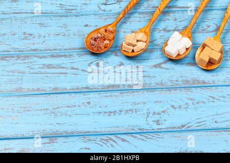 Different Kinds of Sugar in the Spoons close up Stock Photo