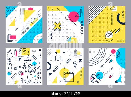 Abstract geometrical background. Modern geometric shapes, funky minimal and memphis style square cards design vector illustration set Stock Vector
