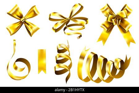 Realistic gold bows. Decorative golden favor ribbon, christmas gift wrapping bow and shiny ribbons 3D vector illustration set Stock Vector