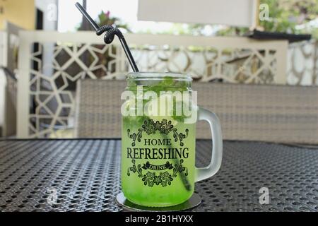 Virgin mojito mocktail in mason jar with straw Stock Photo
