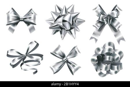 Realistic silver foil bows. Decorative bow, metallic favor ribbon and christmas gift bows 3D vector illustration set Stock Vector