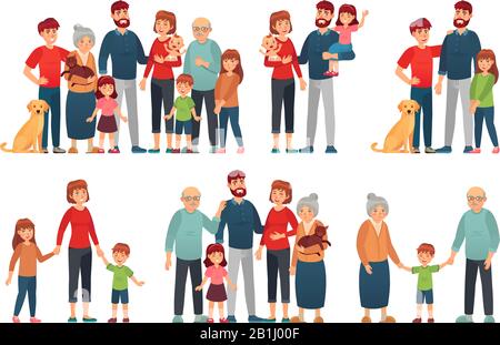 Cartoon family portraits. Happy parents and children portrait, old grandmother and grandfather. Big family vector illustration set Stock Vector