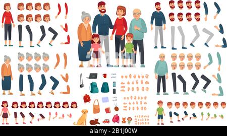 Cartoon family creation kit. Parents, children and grandparents characters constructor. Big family vector illustration set Stock Vector
