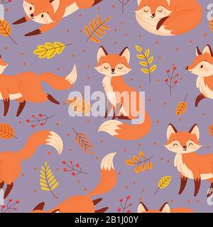 Seamless foxes pattern. Autumn fox, cute orange animal cartoon vector illustration Stock Vector