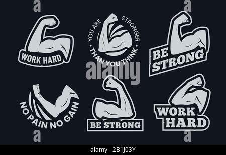 Powerful biceps muscle inspirational quotes. Be strong, work hard arm muscles and power gym. Bodybuilding and fitness signs vector set Stock Vector