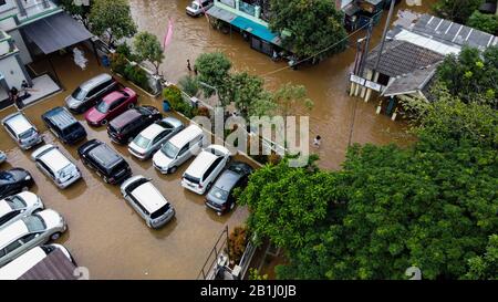 Aerial POV view Depiction of flooding. devastation wrought after massive natural disasters at Bekasi - Indonesia Stock Photo