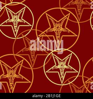 Seamless geometrical pattern with ornate pentagrams or five point stars made of goat's heads. Golden silhouettes on red background. Stock Vector