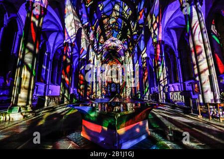 Salisbury 2020:  Sarum Lights Launch at Salisbury Cathedral to celebrate the cathedral city's 800th anniversary after moving from nearby Old Sarum.  A spectacular projection light and sound show by Luxmuralis. Stock Photo