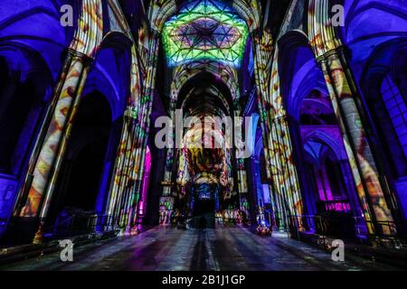 Salisbury 2020:  Sarum Lights Launch at Salisbury Cathedral to celebrate the cathedral city's 800th anniversary after moving from nearby Old Sarum.  A spectacular projection light and sound show by Luxmuralis. Stock Photo