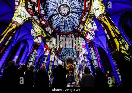 Salisbury 2020:  Sarum Lights Launch at Salisbury Cathedral to celebrate the cathedral city's 800th anniversary after moving from nearby Old Sarum.  A spectacular projection light and sound show by Luxmuralis. Stock Photo