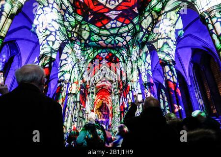 Salisbury 2020:  Sarum Lights Launch at Salisbury Cathedral to celebrate the cathedral city's 800th anniversary after moving from nearby Old Sarum.  A spectacular projection light and sound show by Luxmuralis. Stock Photo