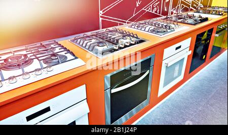 Modern gas stoves on display in the store Stock Photo