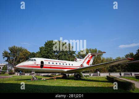 Yakovlev Yak-40 (Polish: Jak-40 Jakowlew) Russian three-engined jet airline passenger and transport aircraft with Polish Air Force checkerboard nation Stock Photo