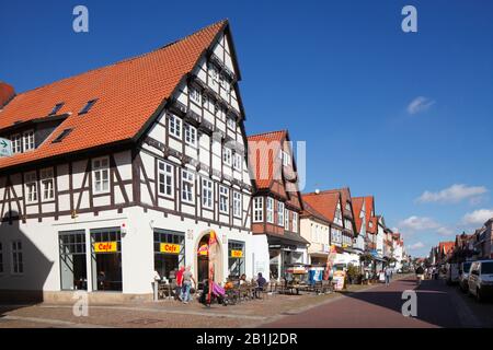 Historic house facades in Langen Strasse, Nienburg an der Weser, Lower Saxony, Germany, Europe Stock Photo