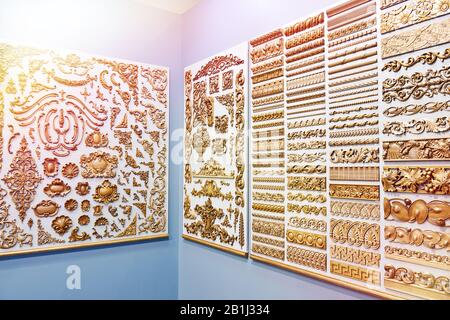 Wooden carved patterns for interior decoration in showcase store Stock Photo