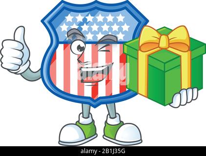 Cute shield badges USA character holding a gift box Stock Vector