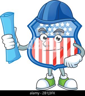 Elegant Architect shield badges USA having blue prints and blue helmet Stock Vector