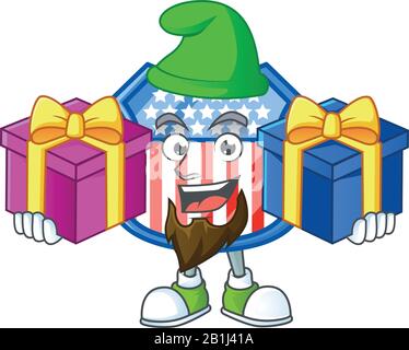 A charming shield badges USA cartoon mascot style with two boxes of gifts Stock Vector