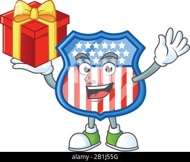 cartoon character of shield badges USA with a box of gift Stock Vector