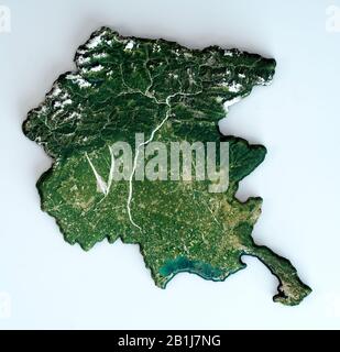 Satellite view of the Friuli-Venezia Giulia region. Italy. 3d render. Physical map of Friuli-Venezia Giulia , plains, mountains, lakes, Alps Stock Photo