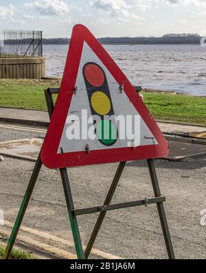 Close Up Temporary Road Works Traffic Light Sign With No People Stock ...