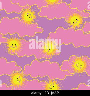 happy smiling suns on a bright pink sky seamless vector pattern Stock Vector