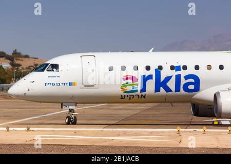 Eilat, Israel – February 20, 2019: Arkia Embraer 195 airplane at Eilat airport (ETH) in Israel.